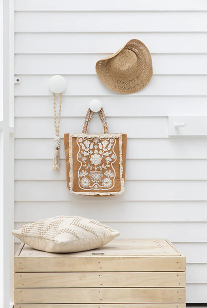 boho tote bag and decorative straw hat