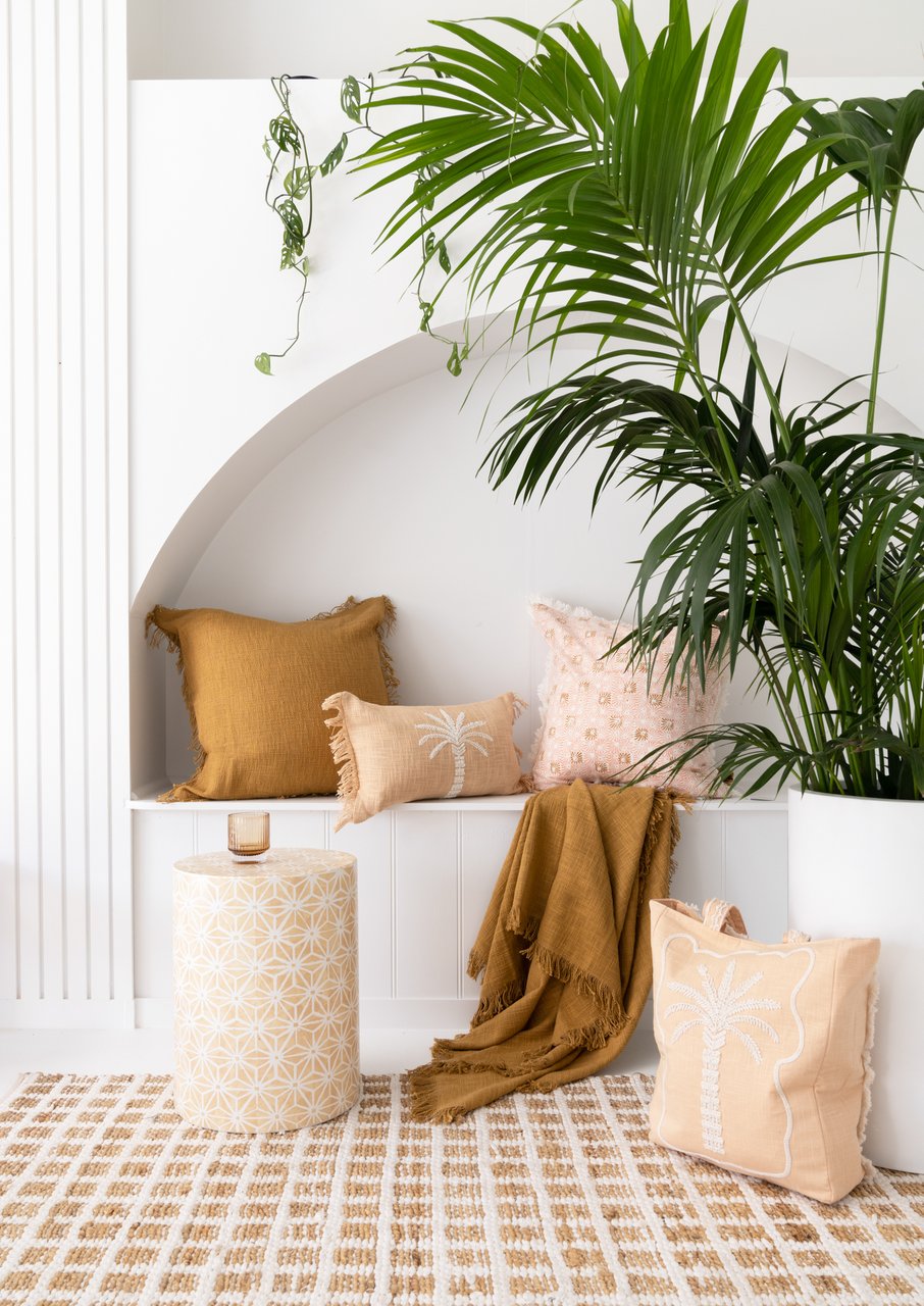 pink and mustard cushions sea tribe australia