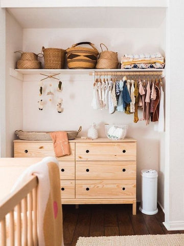 modern minimal boho baby nursery woven baskets