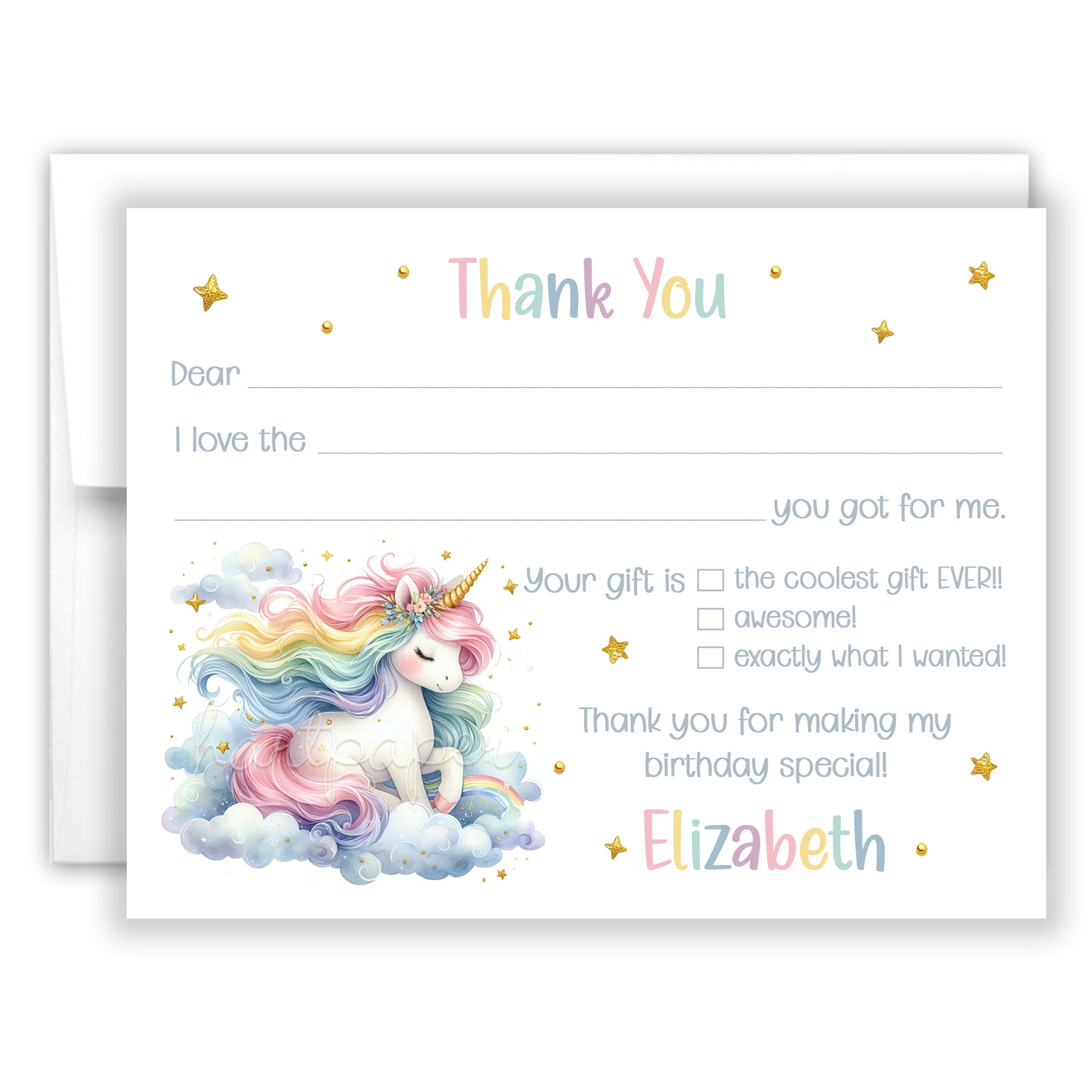 Rainbow Unicorn Thank You Note Card Personalized Custom Stationery • Fill in Blank, Lined or Blank Cards