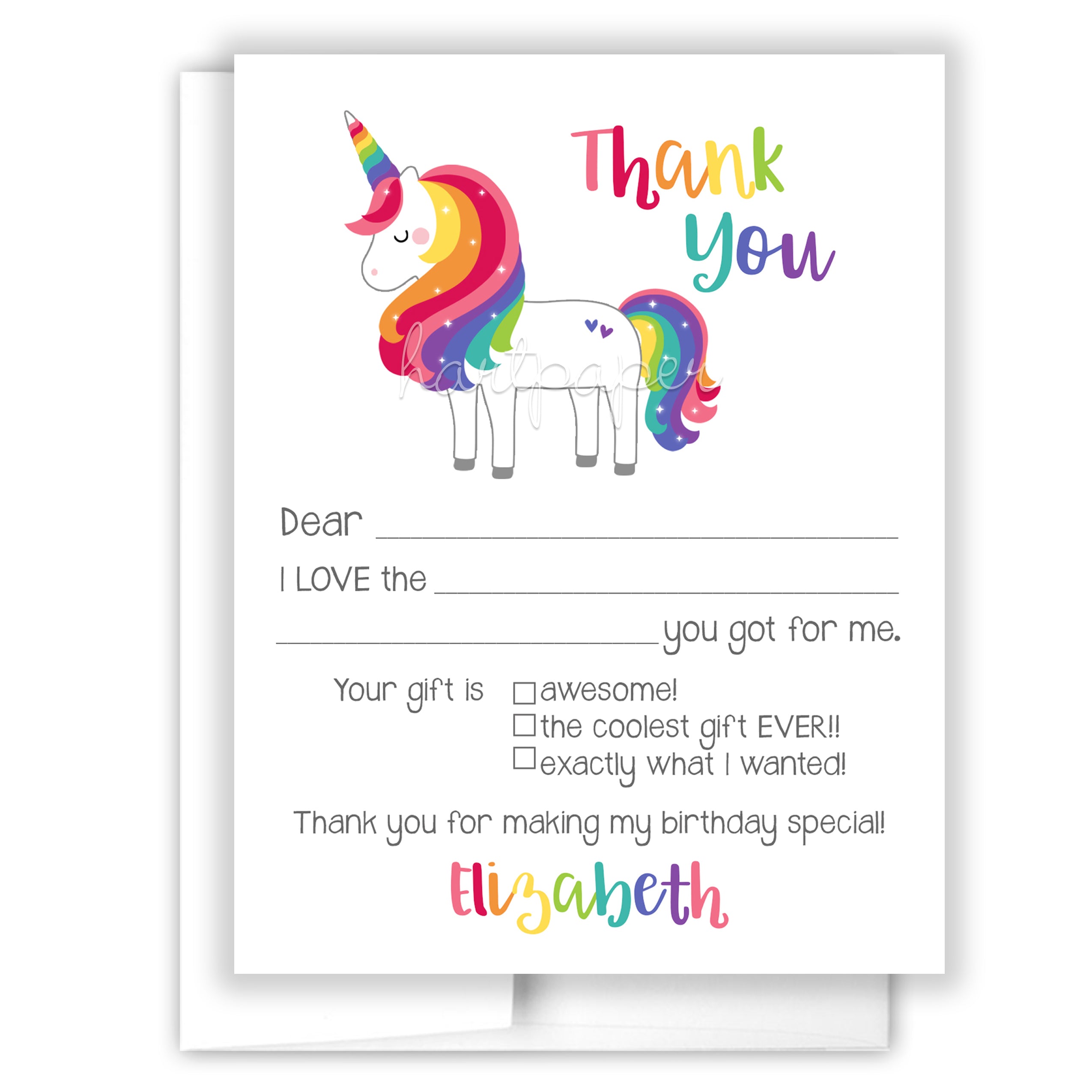 Rainbow Unicorn Thank You Note Card Personalized Custom Stationery • Fill in Blank, Lined or Blank Cards