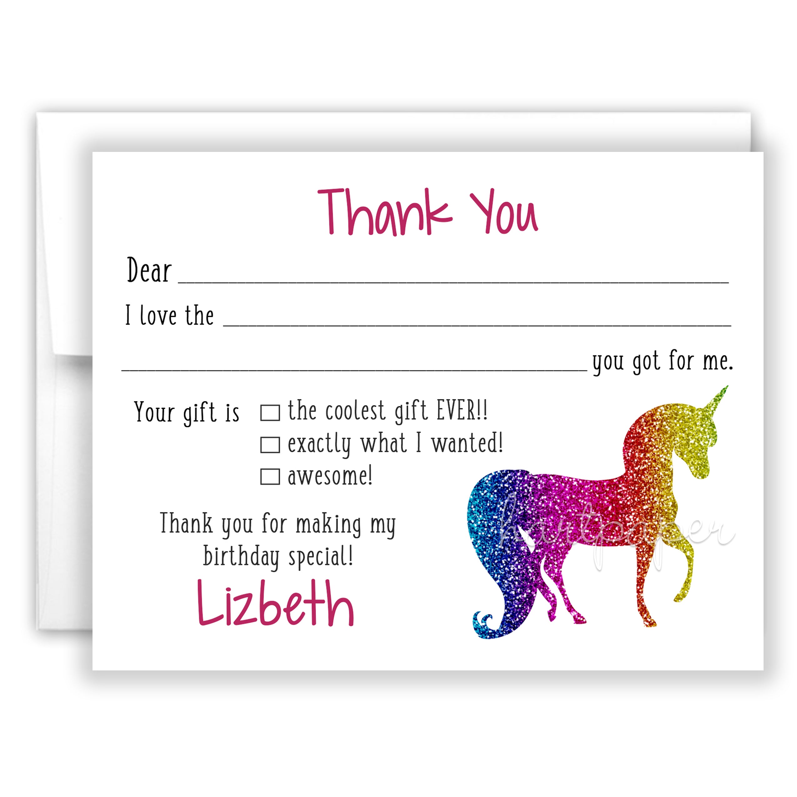 Rainbow Unicorn Thank You Note Card Personalized Custom Stationery • Fill in Blank, Lined or Blank Cards