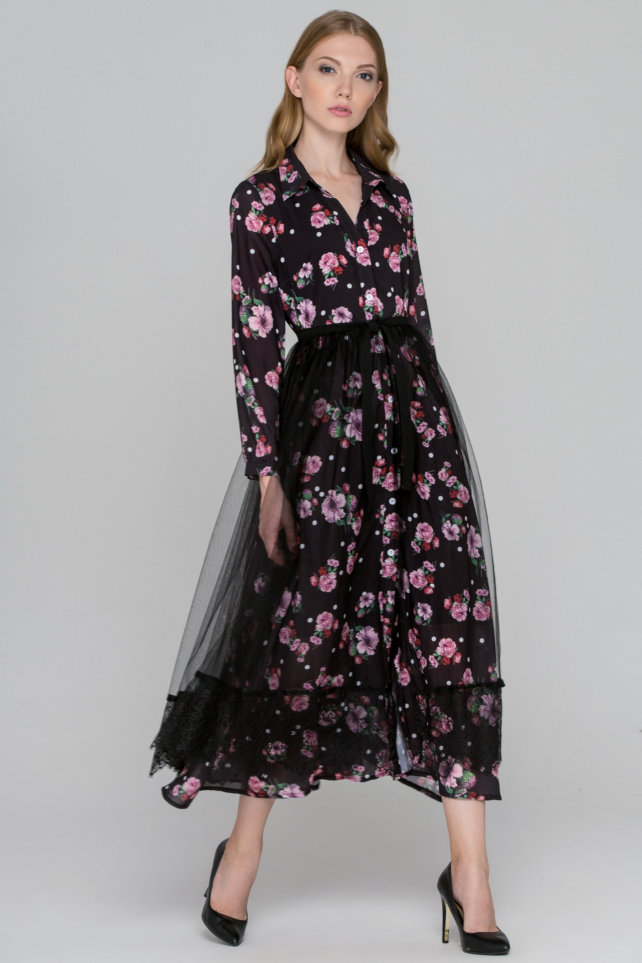 black floral maxi shirt dress