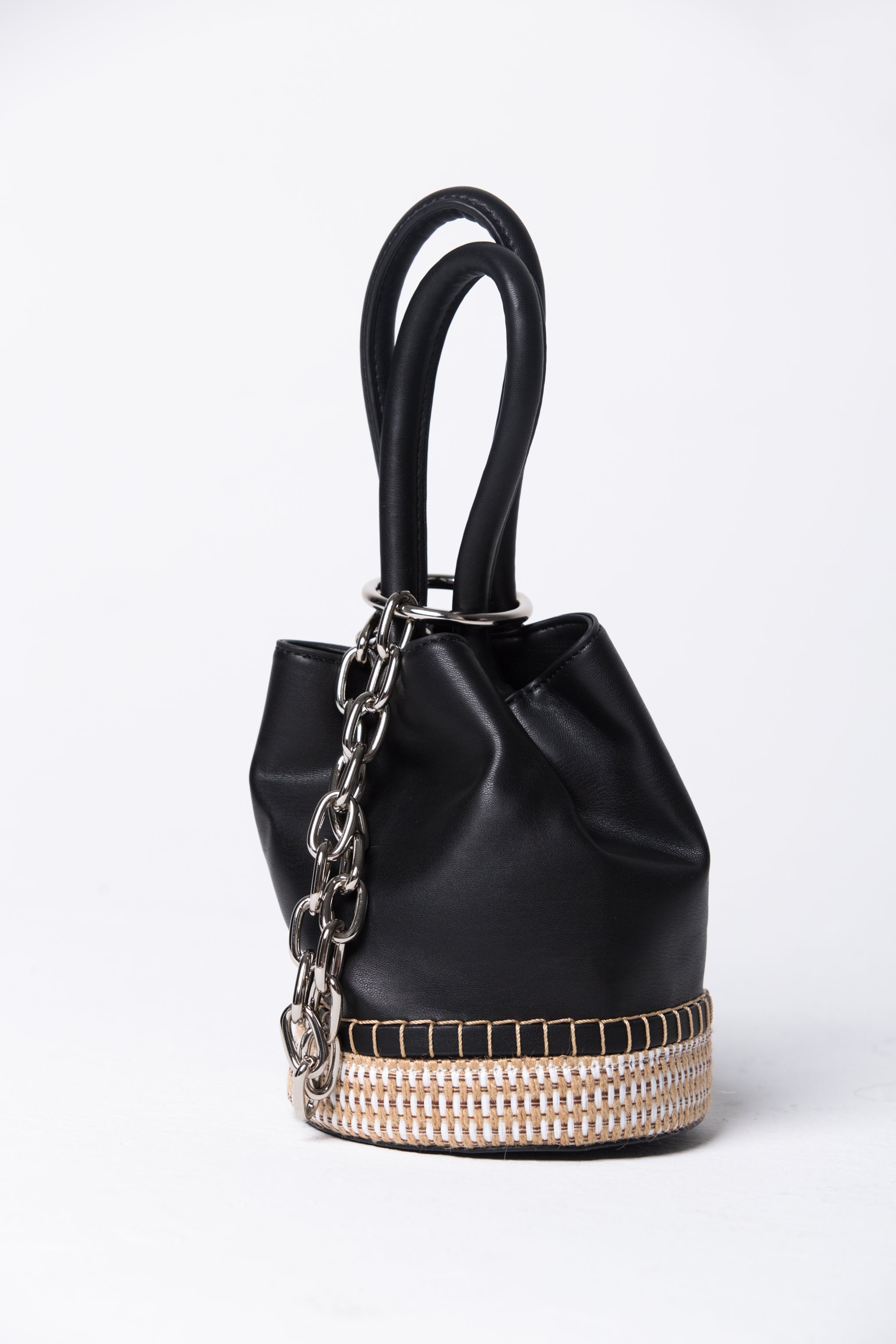 black faux leather bucket bag