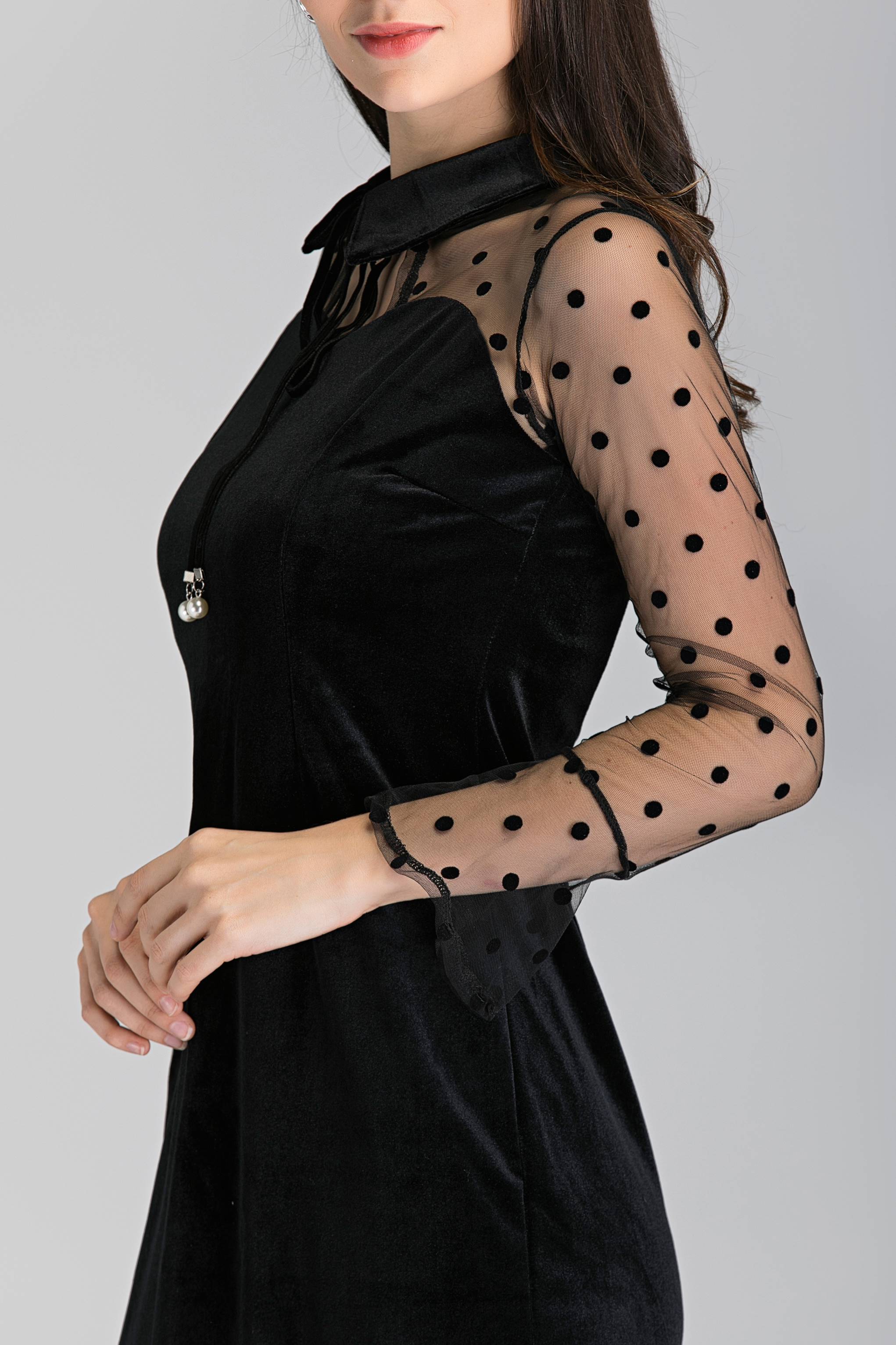 black dress with sheer top and sleeves