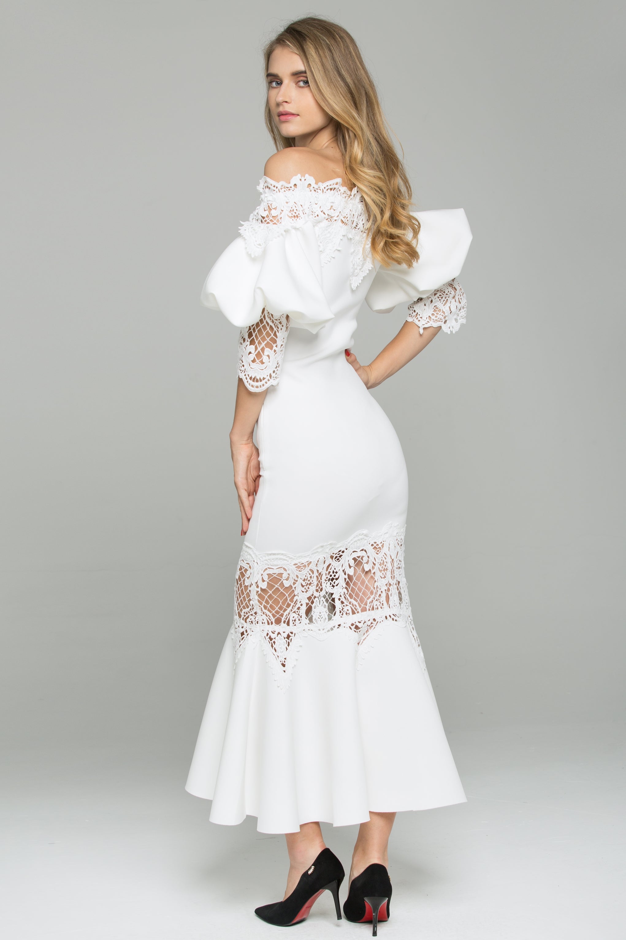 White Satin OffTheShoulder Puff Sleeved Lace Detail Midi