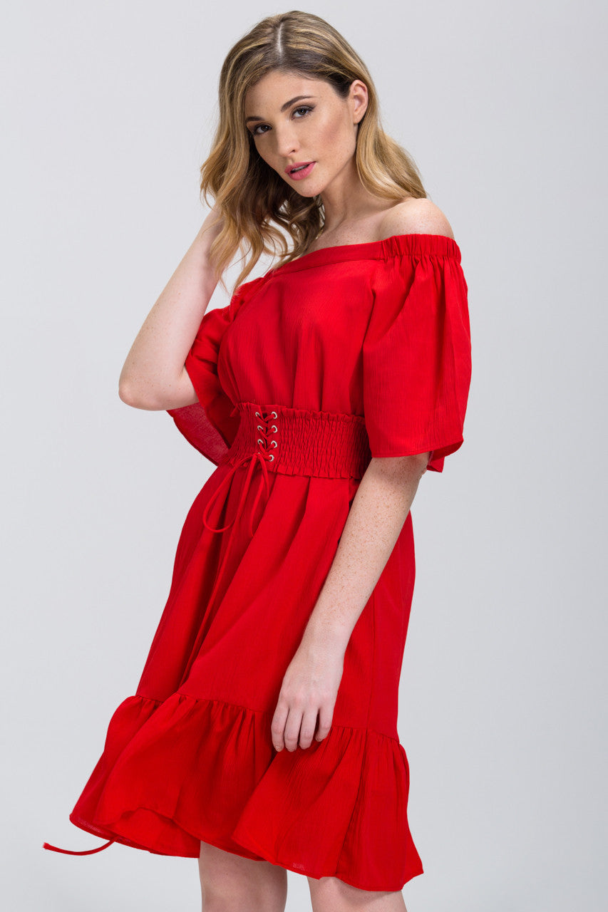 Red Off the Shoulder Corset Belt Ruffled Hem Midi Dress