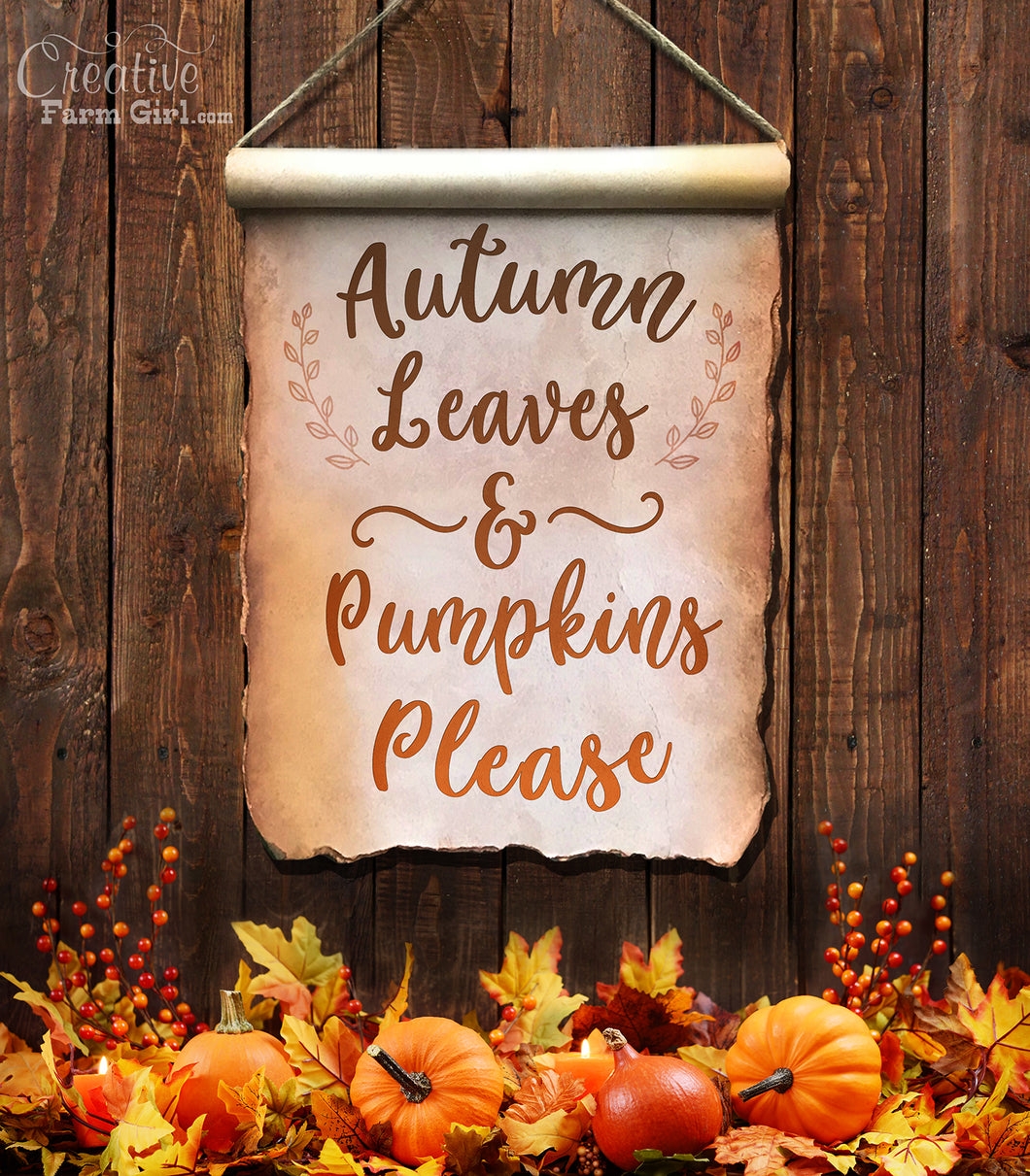 Autumn Leaves and Pumpkins Scroll Canvas Sign – Creative Farm Girl