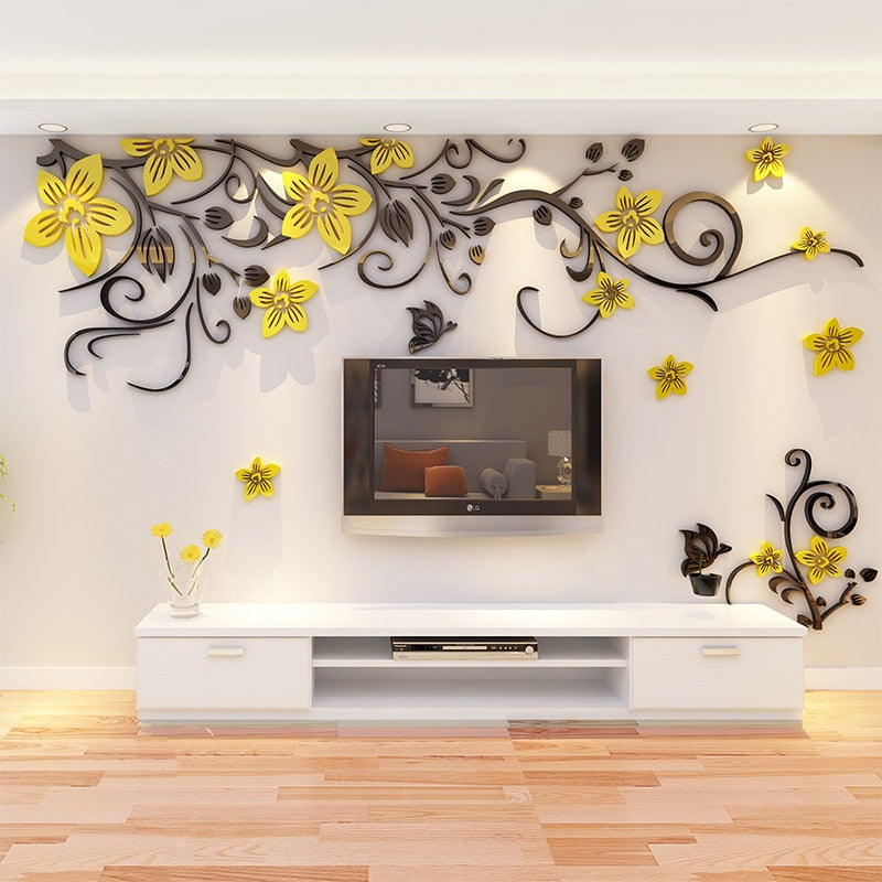 3d Shapes Red Yellow Purple Flowers Wall Sticker Decals