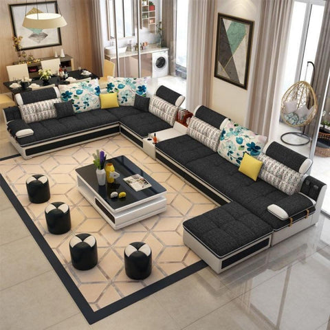 Luxury Modern U Shaped Sectional Fabric Sofa Set With Ottoman | My Aashis