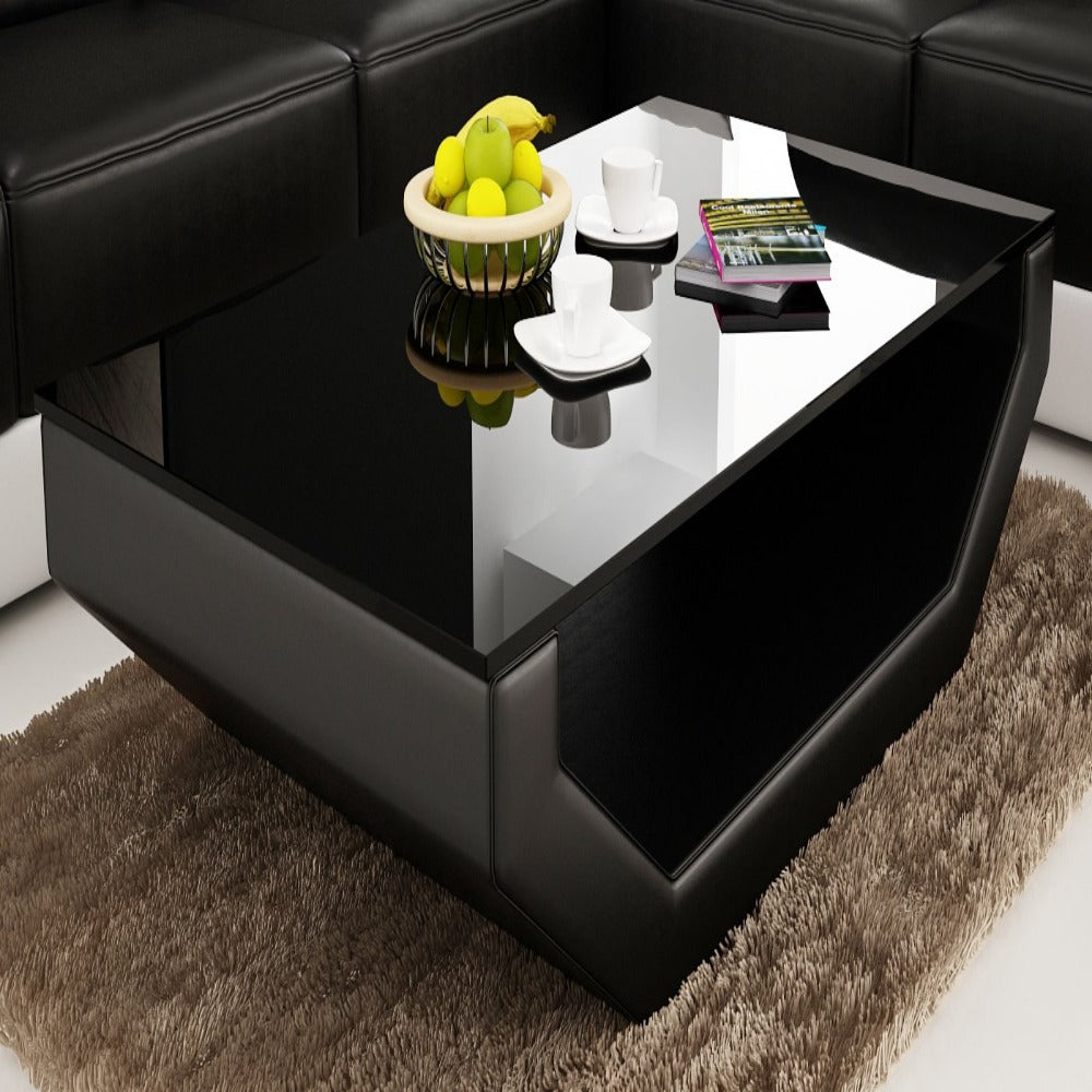 Contemporary Black Leather Coffee Table w/Black Glass Table Top | My Aashis