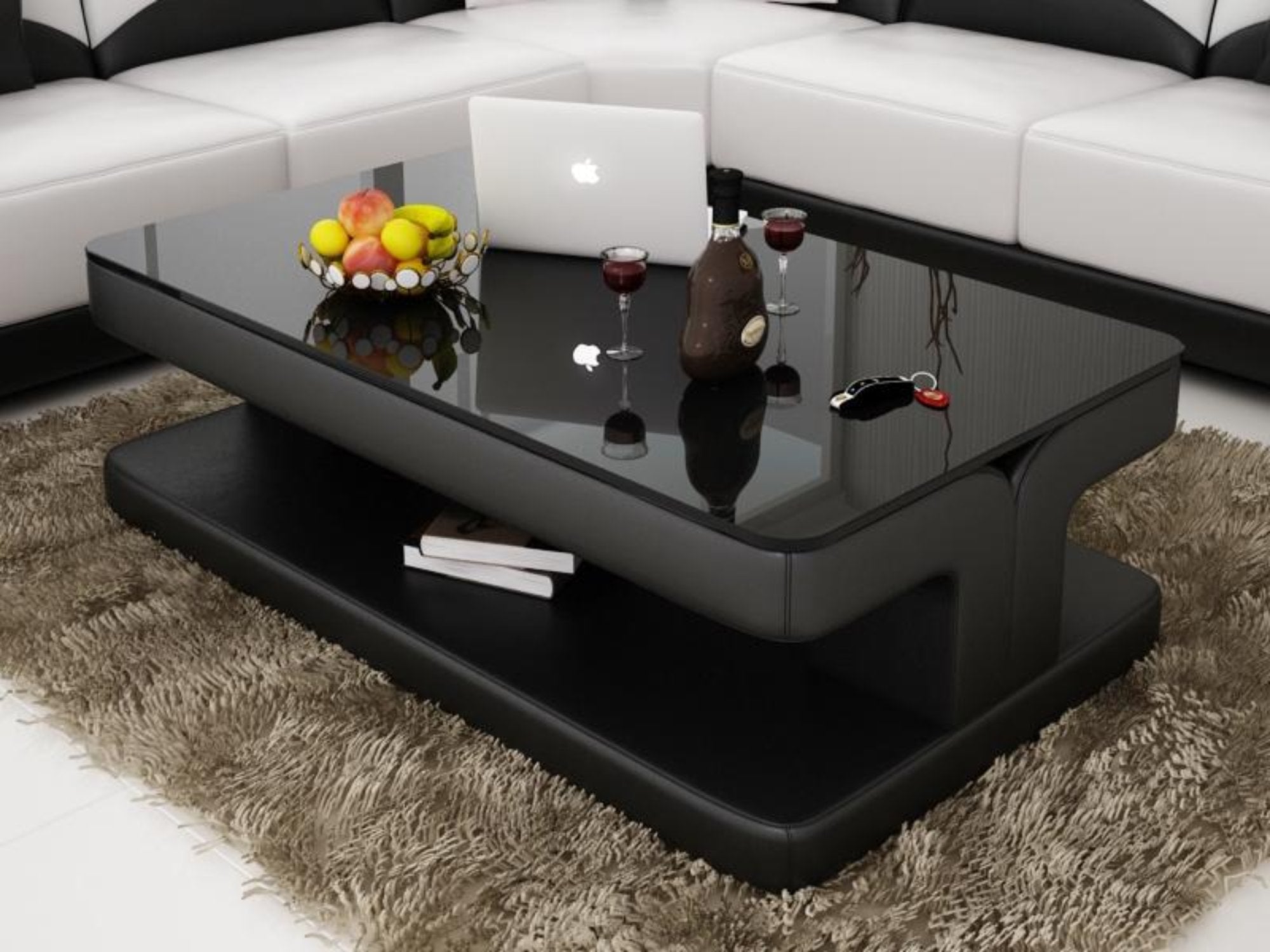 Modern Black Bonded Leather Coffee Table With Glass Top Contemporary