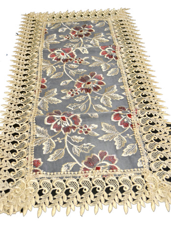 Beige Lace Table Runner And Dresser Scarf Embroidered Burgundy