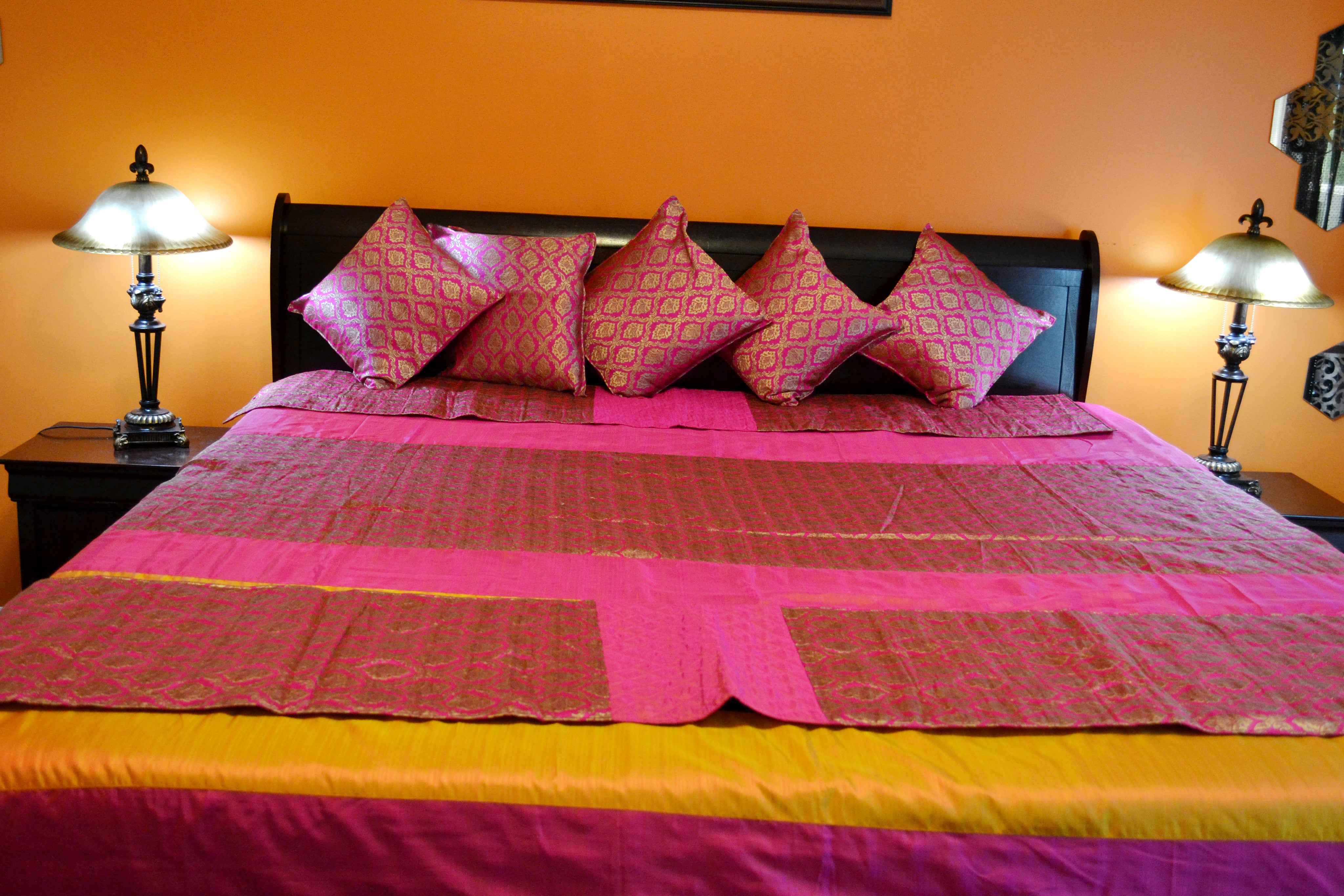 Polysilk And Brocade Bed Sheet With 5 Cushion Cover And 2 Runner My Aashis