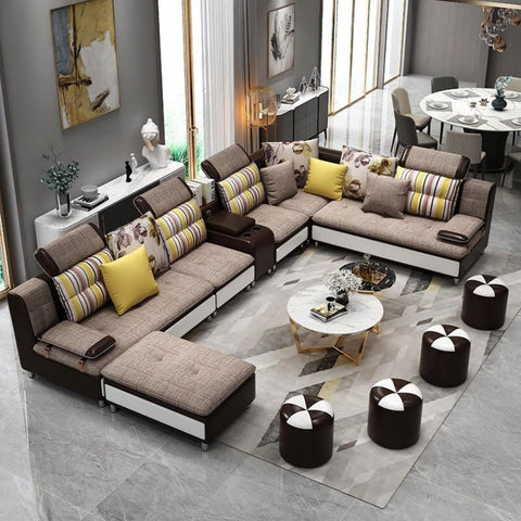 Luxury Modern U Shaped Sectional Fabric Sofa Set With Ottoman | My Aashis