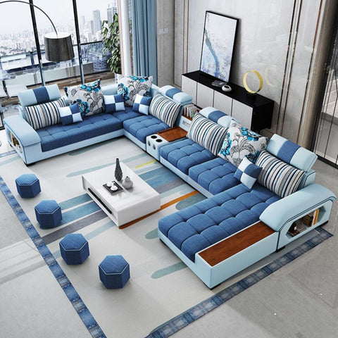 Blue Supreme U Shaped Fabric Sectional Sofa | My Aashis