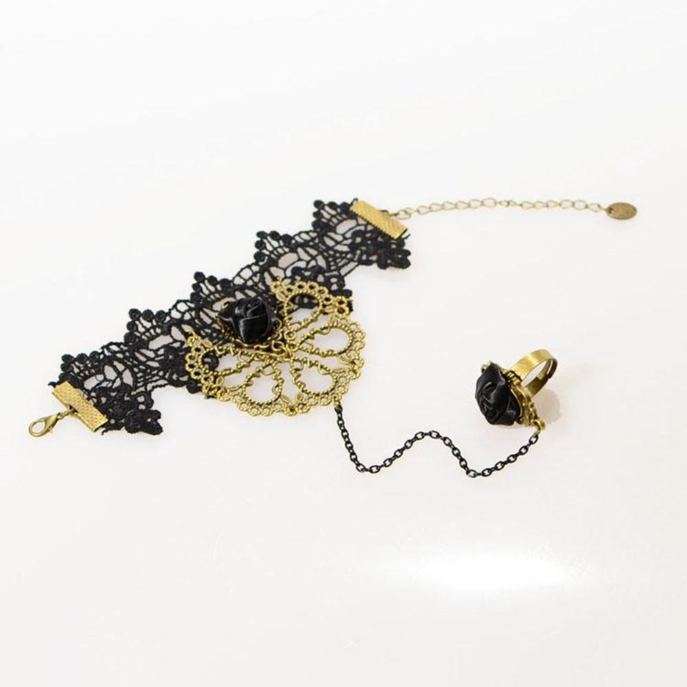 Classic Design With Black Rose Lace Bracelet Studded Drop Finger Ring ...