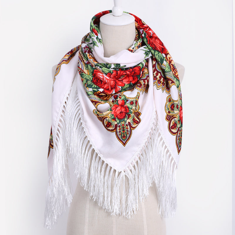 Ethnic Style Cotton Flower Pattern Print Scarf Russian Tassel Winter ...