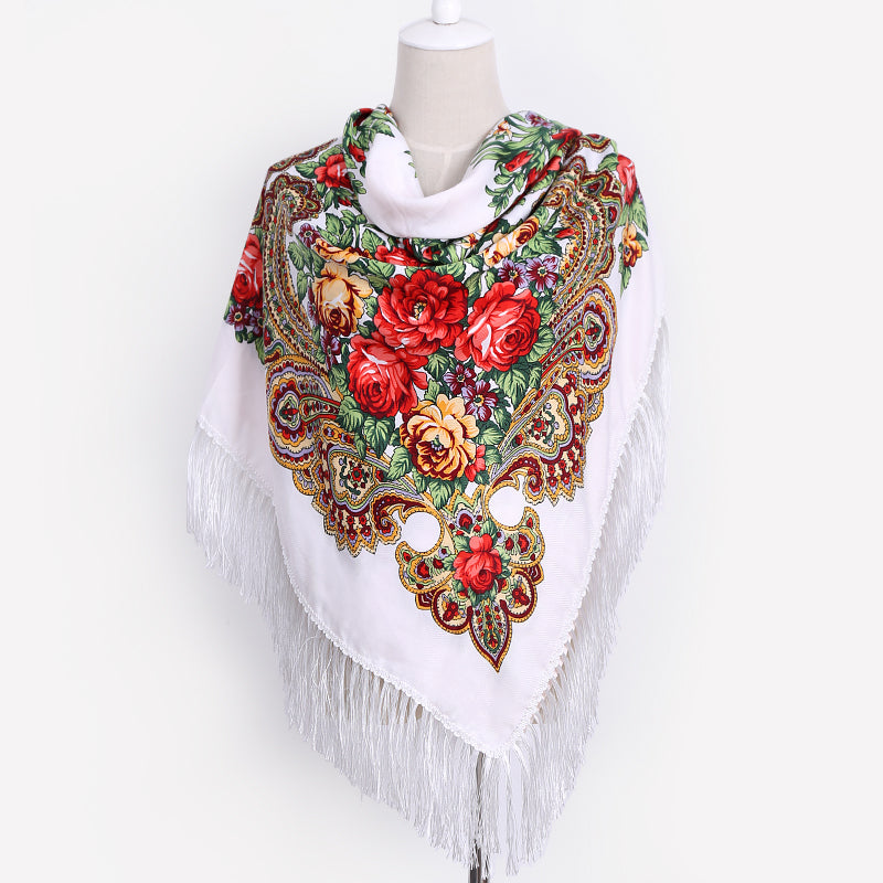 Ethnic Style Cotton Flower Pattern Print Scarf Russian Tassel Winter ...