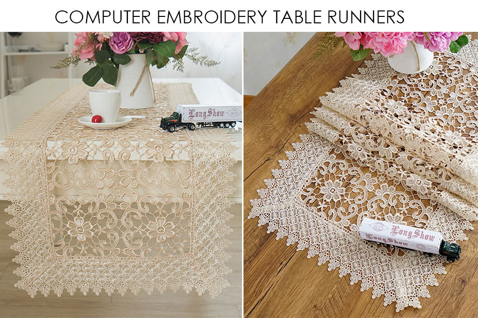 Luxury Cream Embroidered Lace Table Runner My Aashis