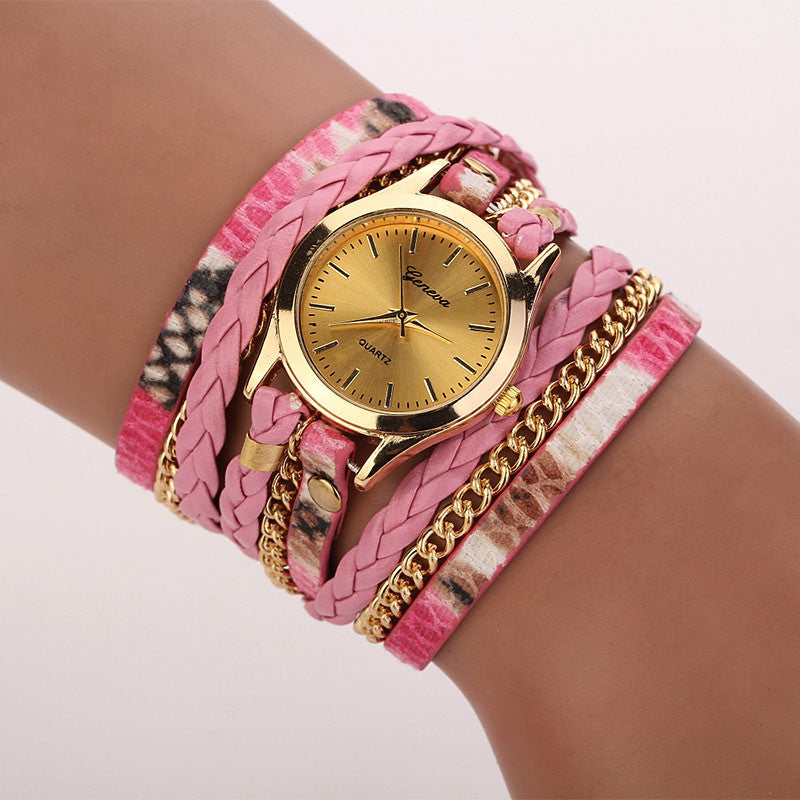 Women Bracelet Watch Montre Leopard Band Bracelet Quartz Braided Winding Wrap WristWatch Montre Casu