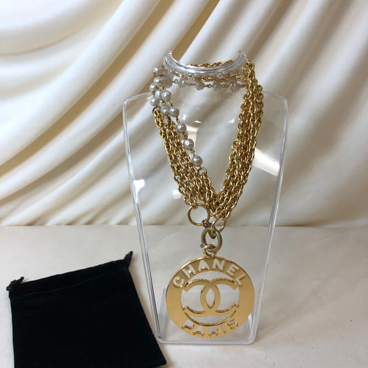 Vintage Jumbo CHANEL PARIS Cutout Logo Medallion Necklace 