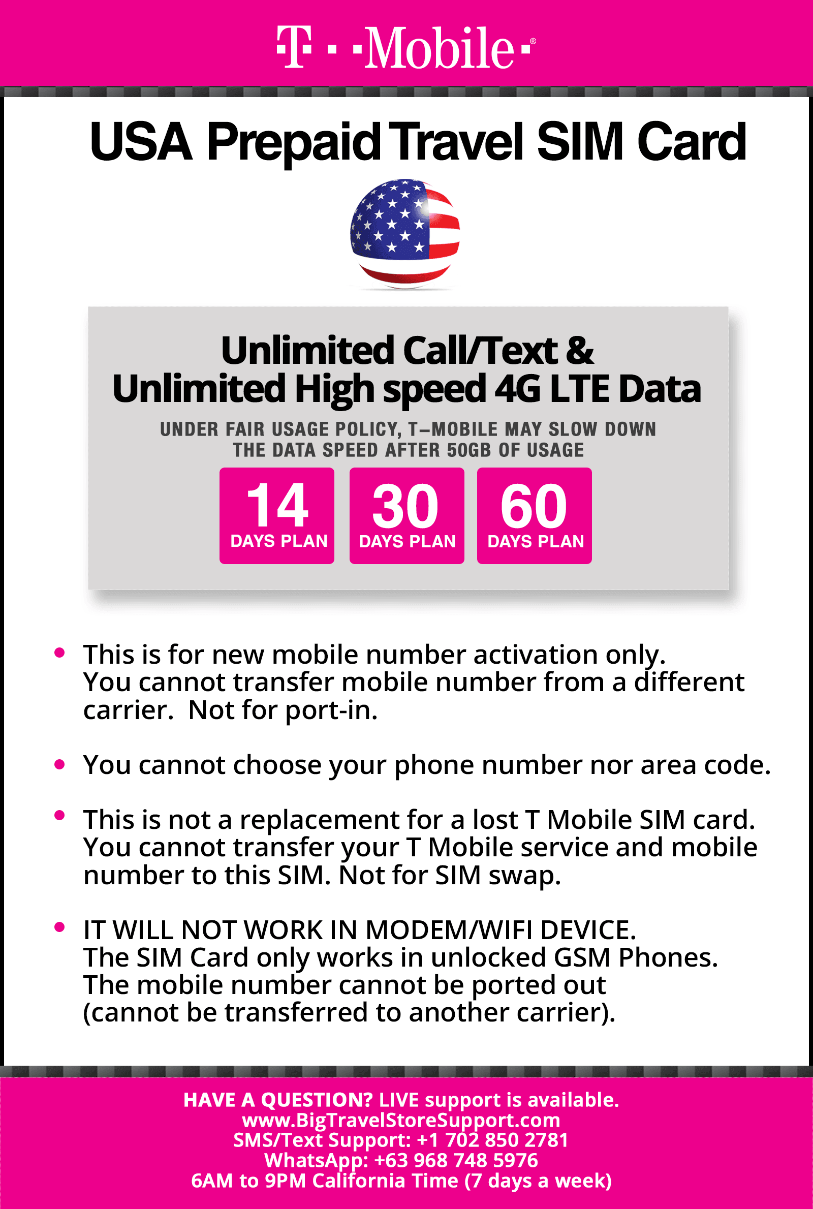 Blauwdruk organiseren precedent T-Mobile USA Prepaid Travel SIM Card 18 Days Unlimited Call,Text,Data –  BigTravelStore