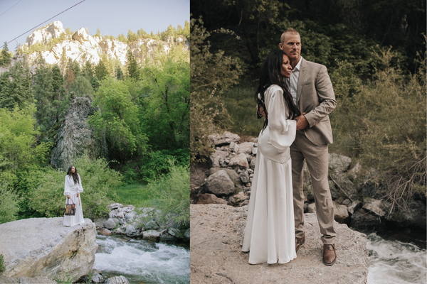 A collage of two photos. One image shoes a beautiful black female model by a river and on the other side her husband joins her.