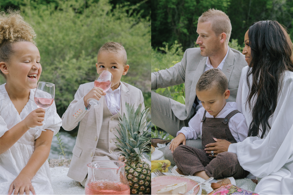 A collage of a biracial family. On one side there are two children drinking sparkling cider and the other photo is of the parents with their smallest child.