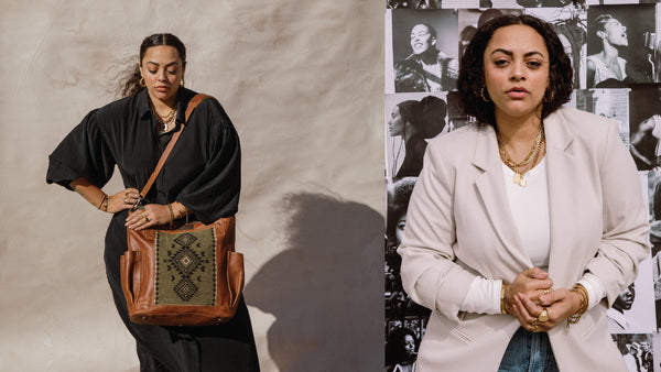 Photo collage with Nena & Co. and Jenni Kaufusi. One photo is of her modeling the purse and the other is a portrait of her looking fierce.