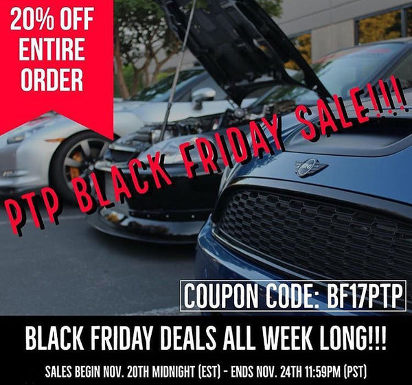 PTP Turbo Blankets' own shop cars lined up at First Thursday with a large banner that reads 'PTP Black Friday Sale" offering 20% off your order at checkout when coupon code 'BF17PTP' is applied.