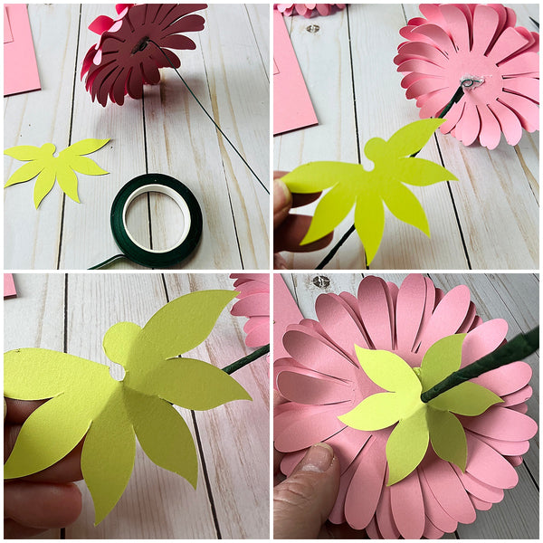 adding leaves to bottom of paper flower and stem