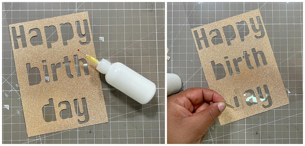 gluing letters to acetate for birthday stripe shaker card