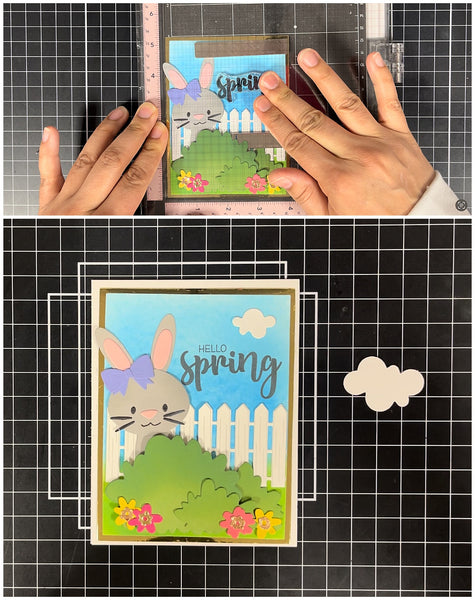 stamping sentiment and final assembly of cute bunny card