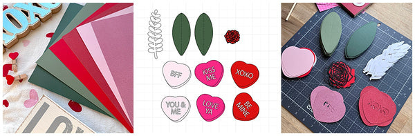 papers, Cricut Design Space screenshot, and die cut pieces for Valentine's Day Candy Hearts and Leaves Garland
