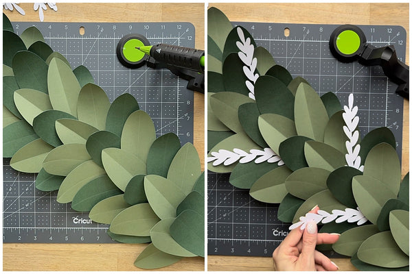 gluing leaves to Valentine's Day Candy Hearts and Leaves Garland