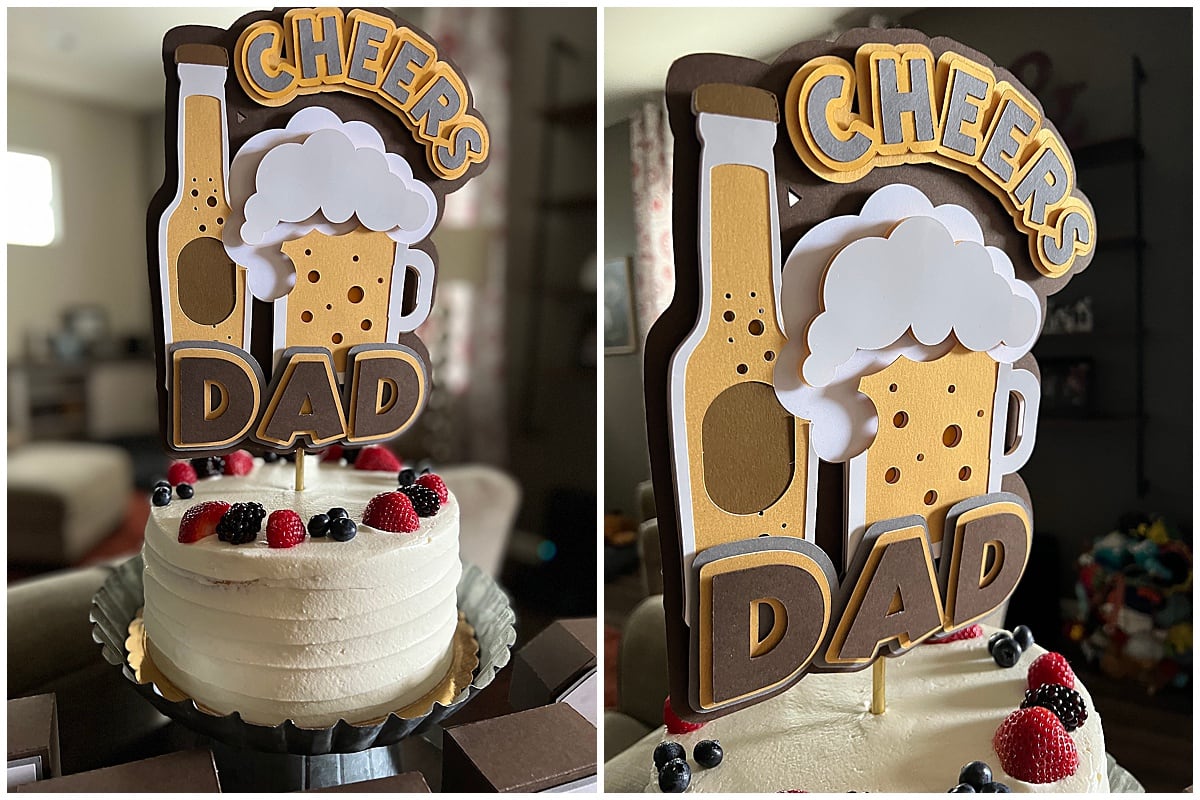 Finished Cheers and Beers Father's Day cake topper