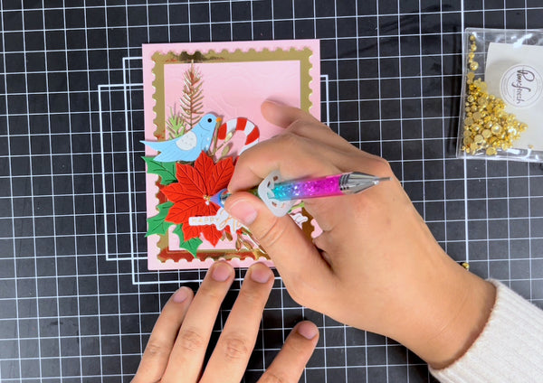 adding pearls to Christmas Bird and Foliage Card