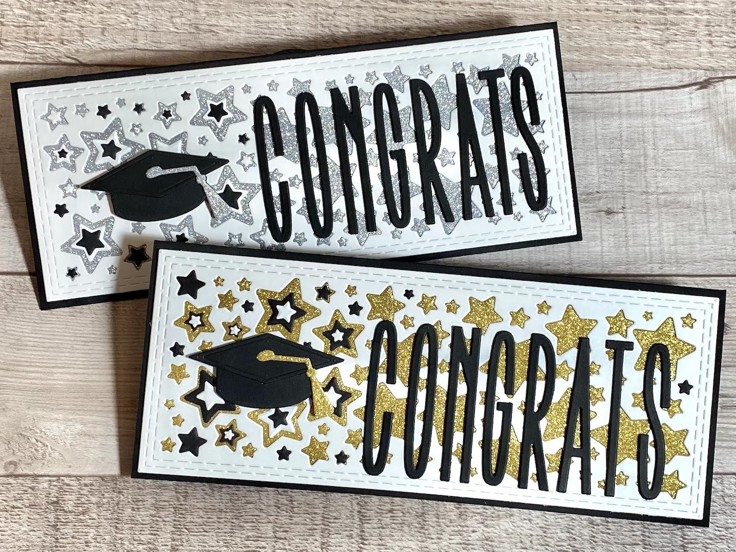 Congrats Graduation Cards with Gold and Silver Glitter on Sirio Ultra Black