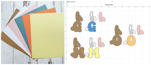 papers and Cricut Design Space canvas for Easter Bunny Initial Tags