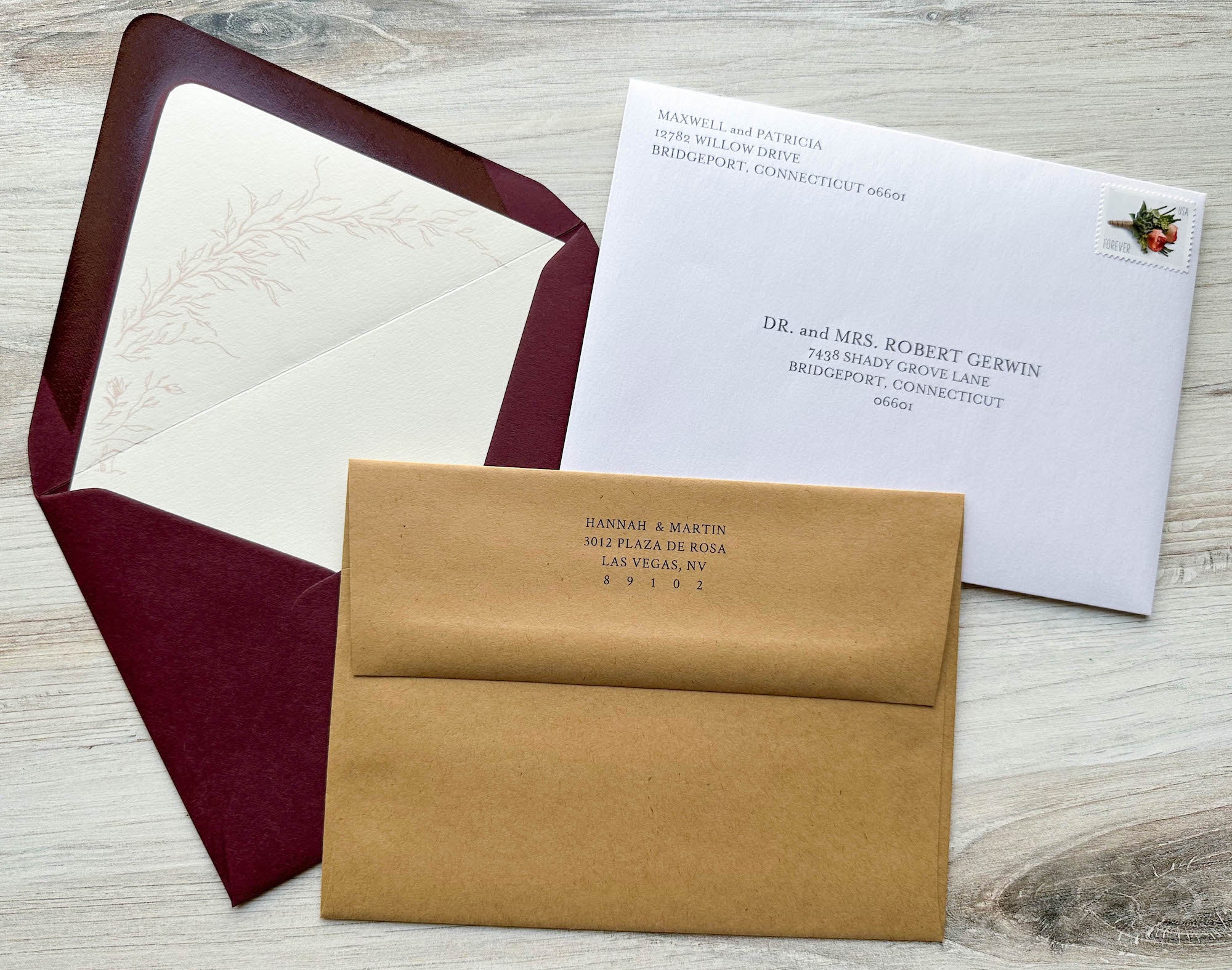 group of envelopes with addresses and liners