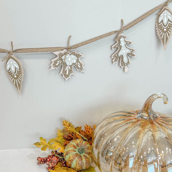 Neutral Fall Leaf Garland on wall with fall decor