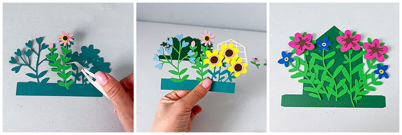 adding flowers to layers of greenhouse popup card