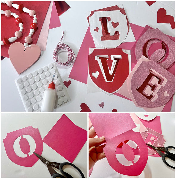 die cut pennant pieces for love Valentine's Day banner