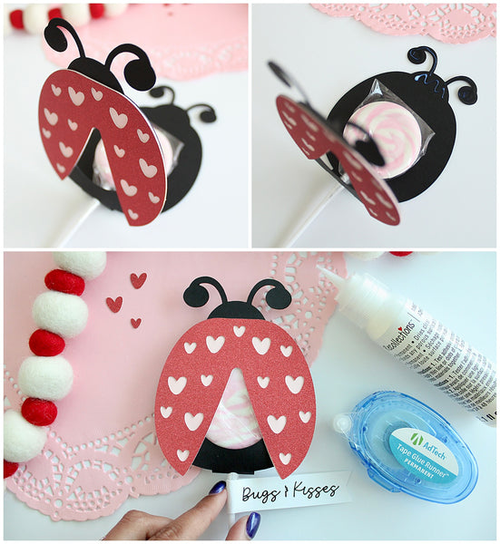 attaching Valentine's Day lovebug lollipop holder to lollipop