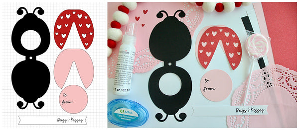 Cricut Design Space, die cuts, and supplies for Valentine's Day lovebug lollipop holder