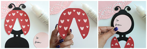 attaching layers of Valentine's Day lovebug lollipop holder