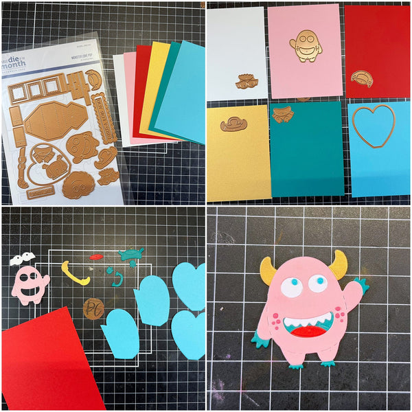 papers, die cuts, and assembled monster for Monster shaker Valentine's Day card