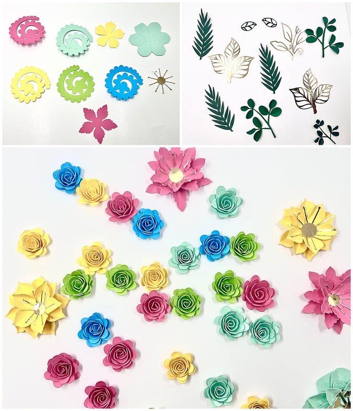 rolled flowers and flat petal flower die cuts