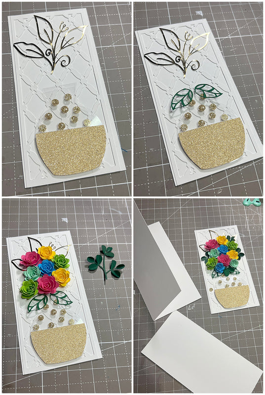 assembling paper vase and flowers on front of rolled flower card